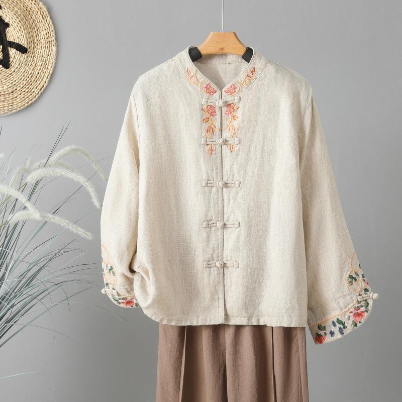 Spring and Autumn Retro Ethnic Style Cotton and Linen Heavy Industry Embroidery Single-row Disc Buckle Solid Color Small Shirt Top Women