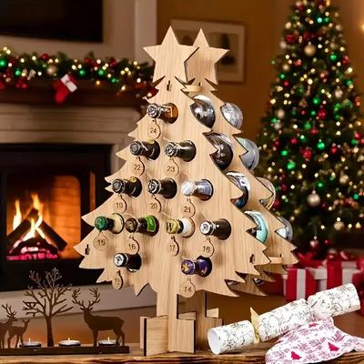 1 Stück Festlicher Weihnachts-Countdown-Baum Weinregal Holz-Adventskalender mit 24 Flaschenhaltern Weihnachtsbaumschmuck Dekoration