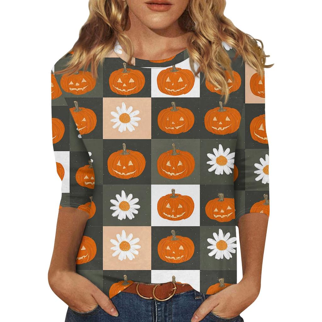 Women's Fashion Casual Three-quarter Sleeve Halloween Printed Round Neck Top