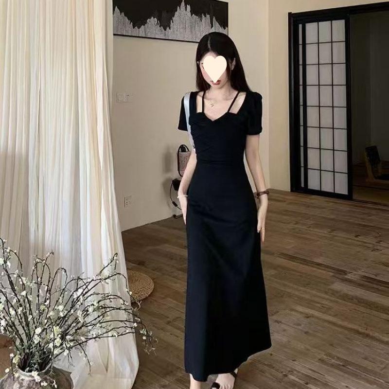 Neck skirt large size women's clothing summer thin temperament niche design dress black long dress