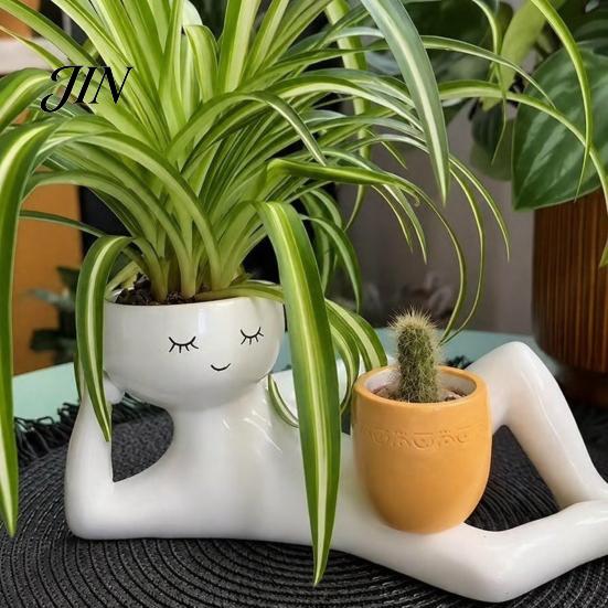 Home Decoration Planter Lazy Guy Planter, Little Character Flowerpot Ornament, Creative Lying Durable Humanoid Double Pot for Succulents Garden Decor