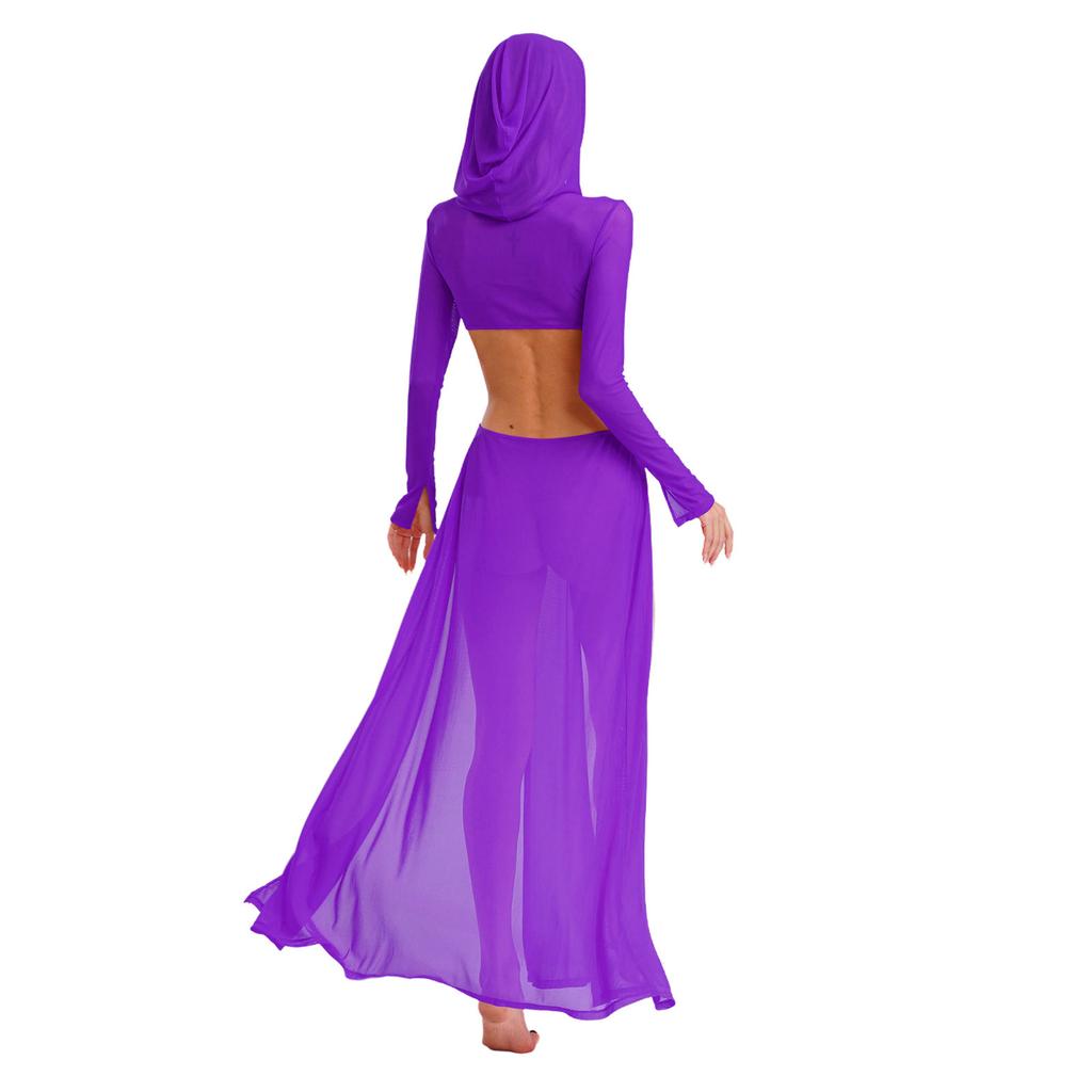 Women Sheer Maxi Dress High Slit Design Hooded Face Cover Long Sleeves Hollow Out Mesh Coverup Gown