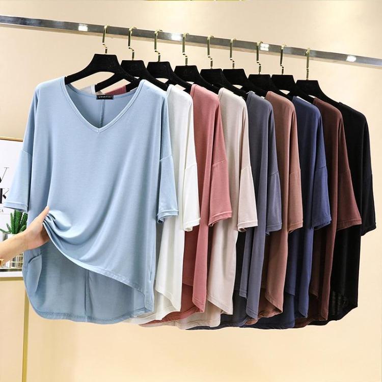 Women Casual Comfortable Summer Loose Fit Large Size Modal V Neck T Shirt Half Sleeve High Low Hem Top