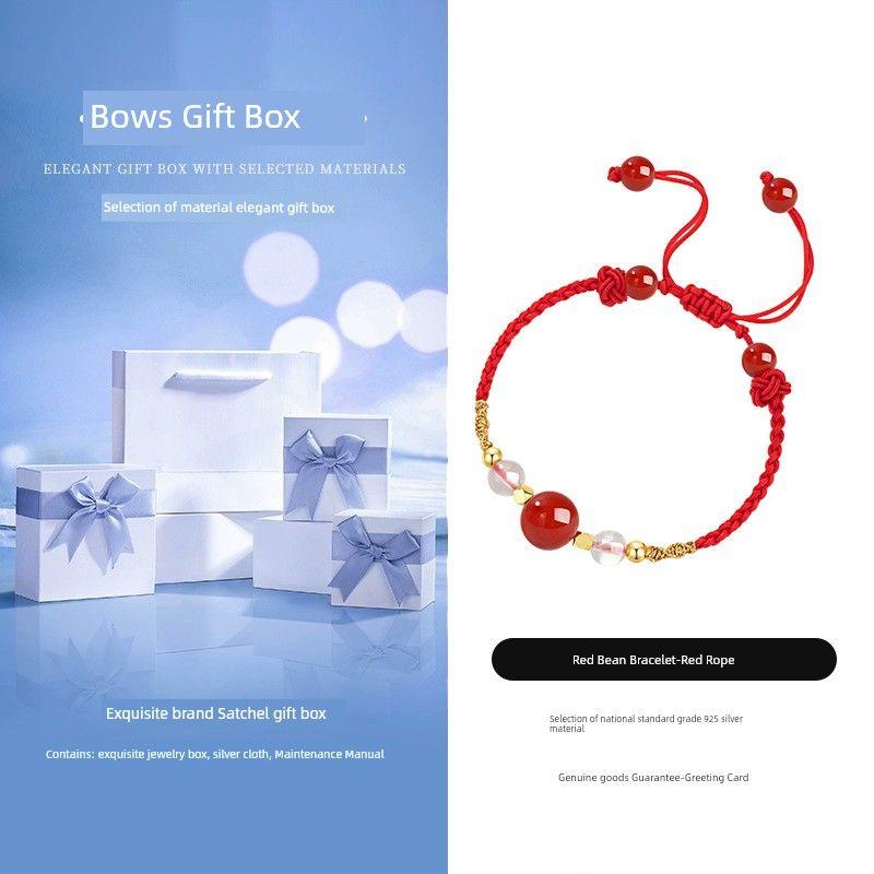 

Тоска по любви Браслет для пары из красной фасоли Стерлинговое серебро Пара Жетон любви Агат Ремешок для ношения Памятный подарок для девушки Red hand rope [Bows gift box]]