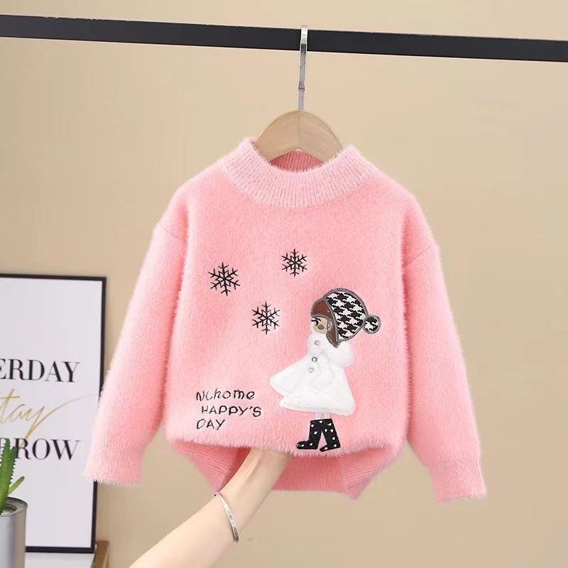

Осень Зима Детский Свитер Пуловер Для Девочек Круглый Вырез Вязаный Норка Пух Детский Западный Мультяшный С Длинным Рукавом 150cm