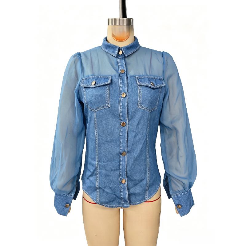 Spring New Women's Fashion Casual Faux Denim Patchwork Chiffon Long-sleeve Top