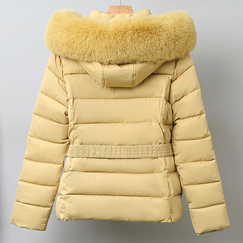 Mote Vinterkåpe Dame Parkas Hette Fuskepelskrage Tykk Varm Damejakker Med Belte