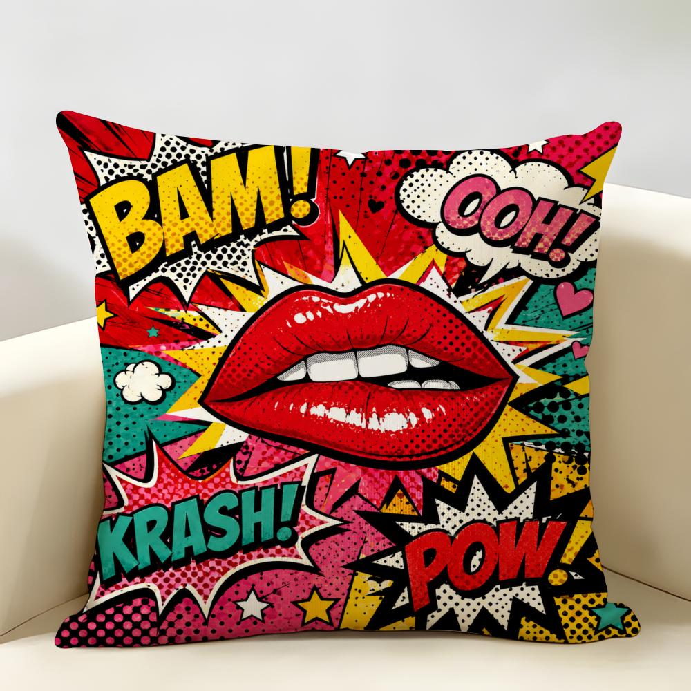 Comic Bubbles Pop Art Cushion Cover Durable Hypoallergenic Organic Linen Pillow Cover Short Size Washable SkinFriendly