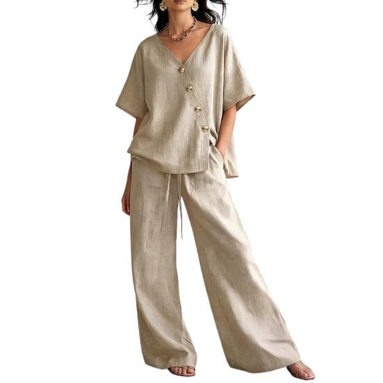 

Two Piece Outfits for Women Button Down V Neck Short Sleeve Top And Drawstring M абрикосовий
