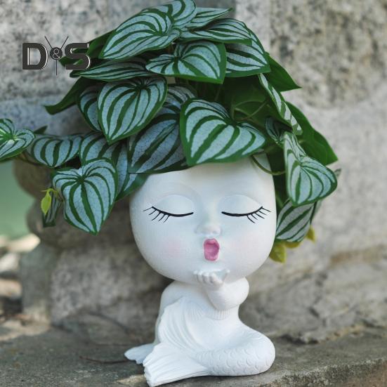 Face Planter Pot with Drainage Hole Resin Kissing Women Head Figurine Flowerpot Indoor Outdoor Plants Container Home Balcony Garden Decoration