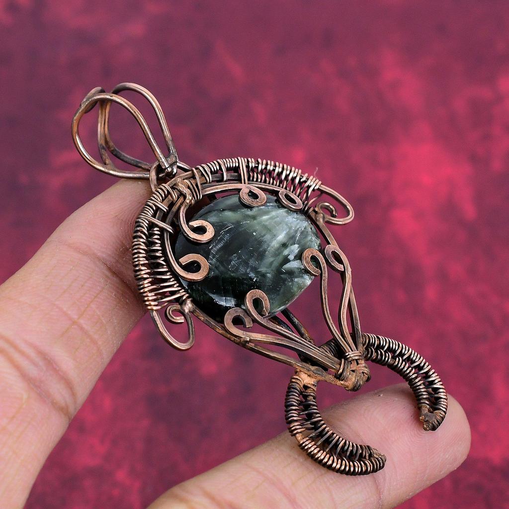 Seraphinite Pendant Copper Wire Wrapped Tortoise Jewelry Genuine Gemstone Pendant Handmade Jewelry Copper Wire Wrap Pendant Gifts for Mother