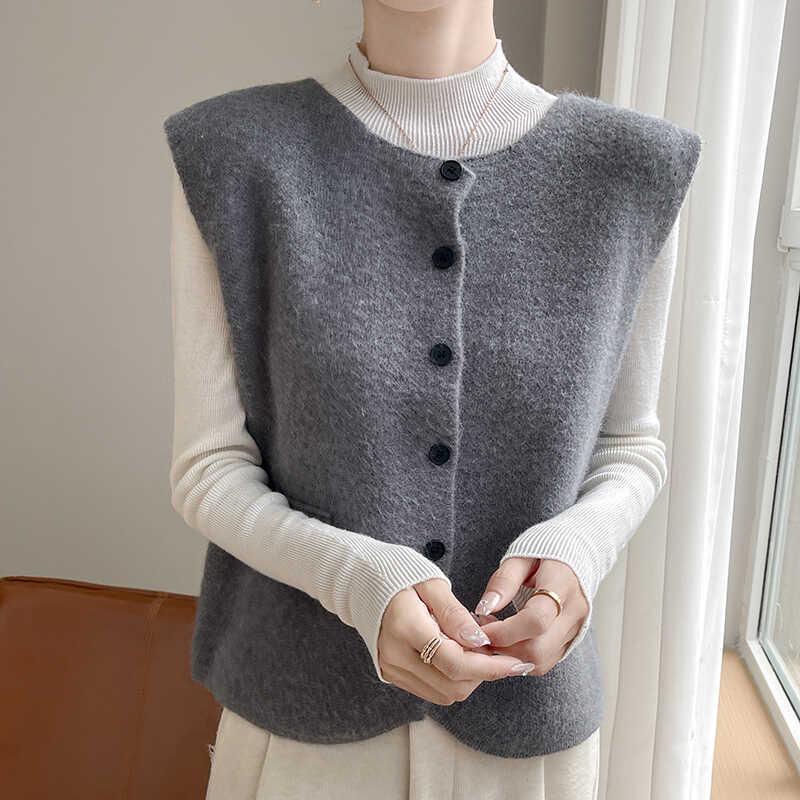 Винтажный вязаный безрукавный кардиган-жилет - Круглый вырез, Универсальная многослойность, Машинная стирка L 110-120