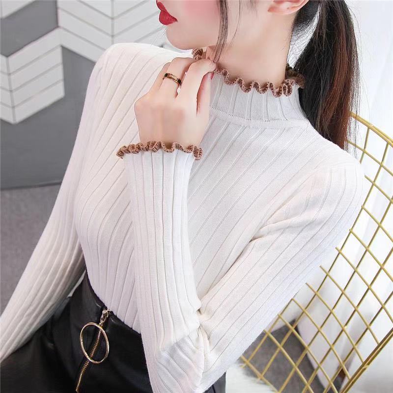 Autumn and Winter New Style Wooden Ear Edge Thickened Half High Collar Sweater Women Pullover Short Slim Knit Bottoming Shirt