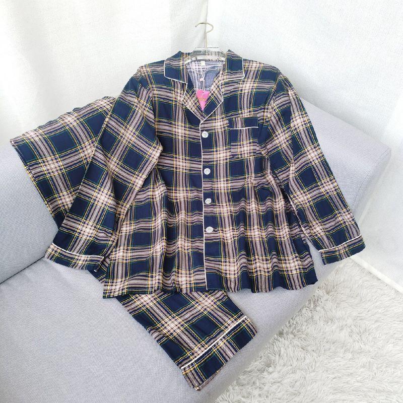 

Summer Thin Artificial Cotton Home Wear Long Sleeves Pants Poppin Pajamas Men Japanese Style Plaid Plus Size Bourette Suit Navy blue 2XL