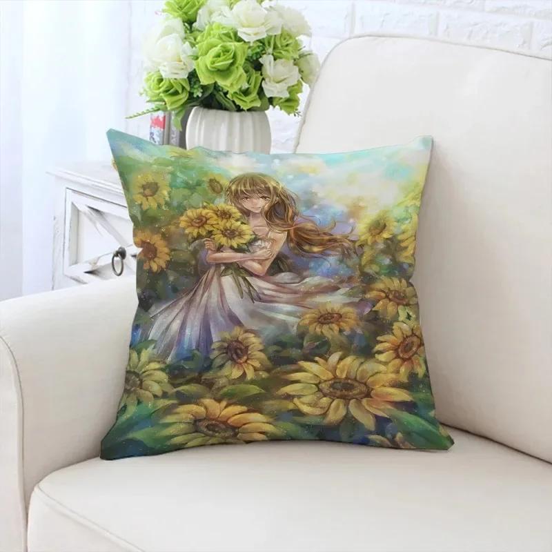 Față de pernă decorativă de lux pentru casă, pentru mașină, sufragerie, canapea, cu model Fata cu floarea-soarelui