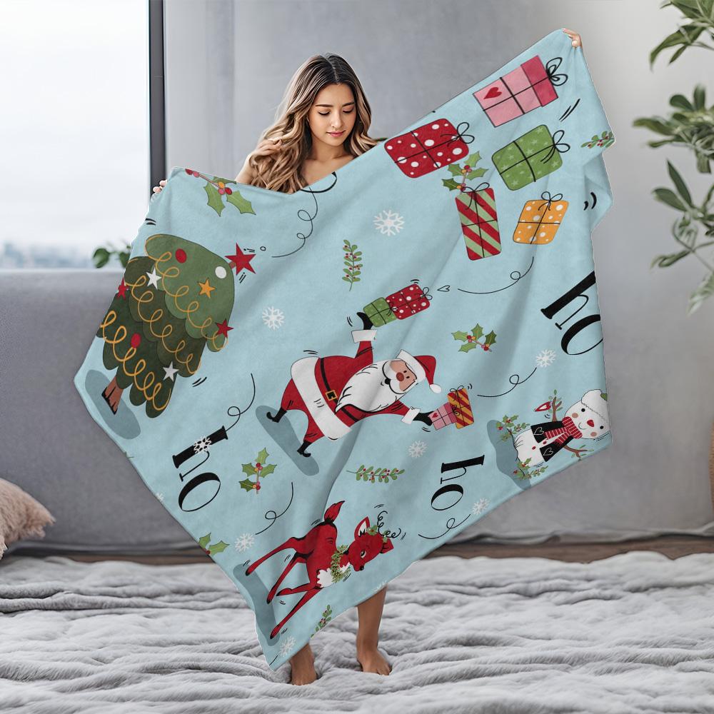 TU Cozy Christmas Throw Blanket Reindeer Santa Claus Holiday Flannel Bedspread Home Decor Gift Festive Winter Warm Soft Throw