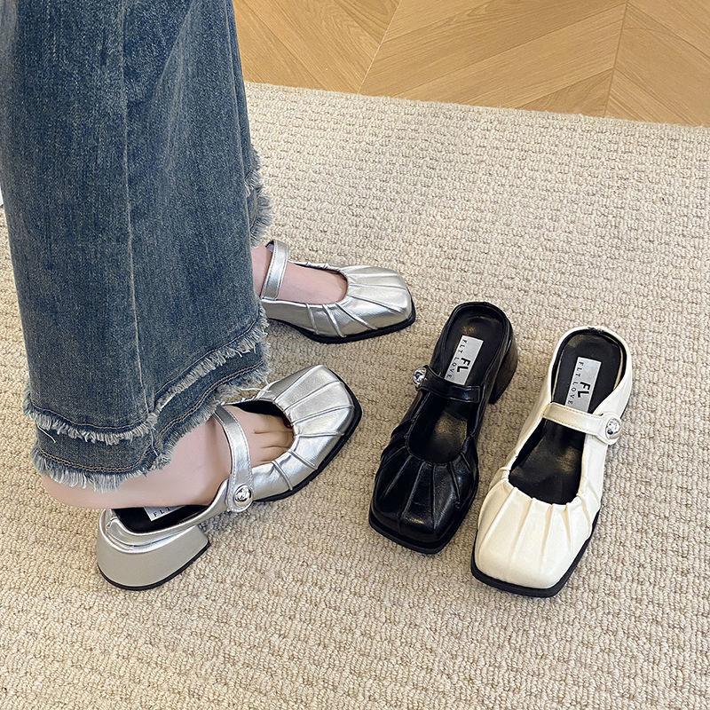 High-heeled bag head half slippers women's outer wear 2025 new spring and summer thick heel medium heel silver Mary Jane single shoes sandals