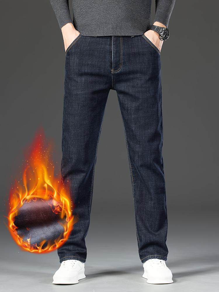 Męskie dżinsy z prostą nogawką, podszyte polarem, klasyczny design, pogrubione spodnie dżinsowe dla mężczyzn, ciepłe dżinsy na jesień/zimę