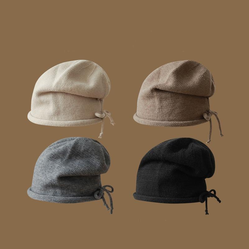 Pullover hat Girls drawstring curling lazy wind stacking hat Baotou hat solid color knitted hat