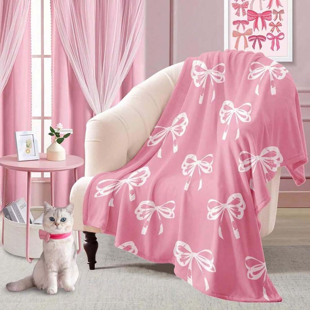 1pc Pink Coquette Bow Print Flannel Throw Blanket Soft Warm Lightweight Blanket for Couch Bed Sofa Bedroom Living Room Decor