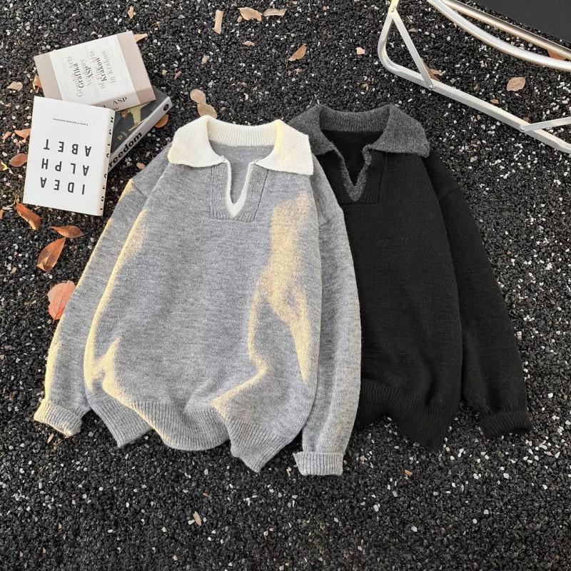 Unisex Oversized Thick Knit Polo Collar Sweater Winter Warm Casual Top In Brown Gray Black