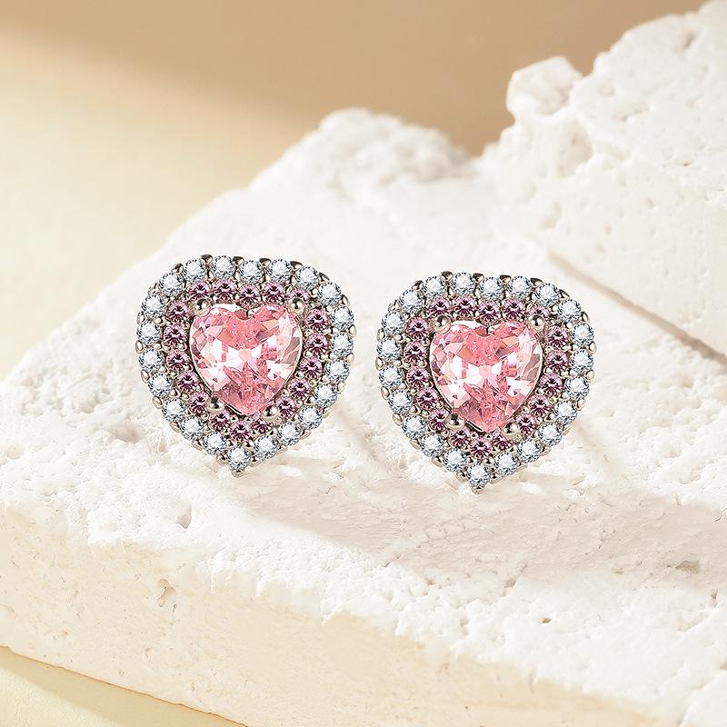 Conjunto de Colar e Brincos de Cristal em Forma de Coração Coreano com Anel em Forma de Coração e Pulseira de Verão