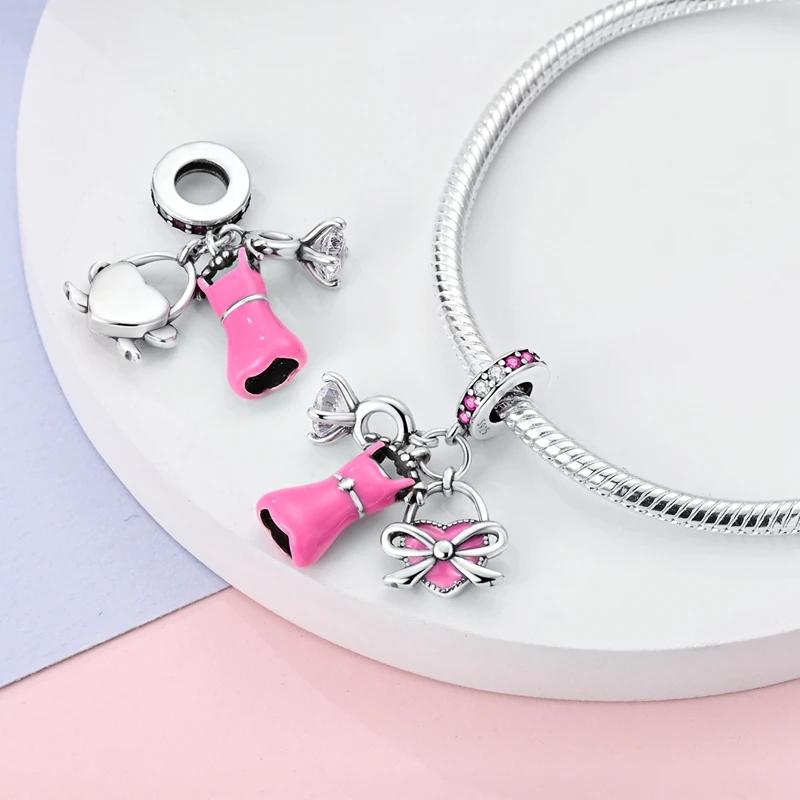 Charms Copperpink Dress Ring Heart-Shaped Beadss Fit Charms Plataoriginal Bracelet Beads Women Jewellery Making