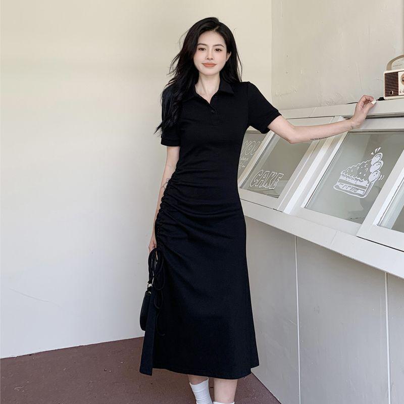 

Plus Size Women s Summer Polo Neck Drawstring Pleated Waist Long Dress M [80-100 jin] чёрный