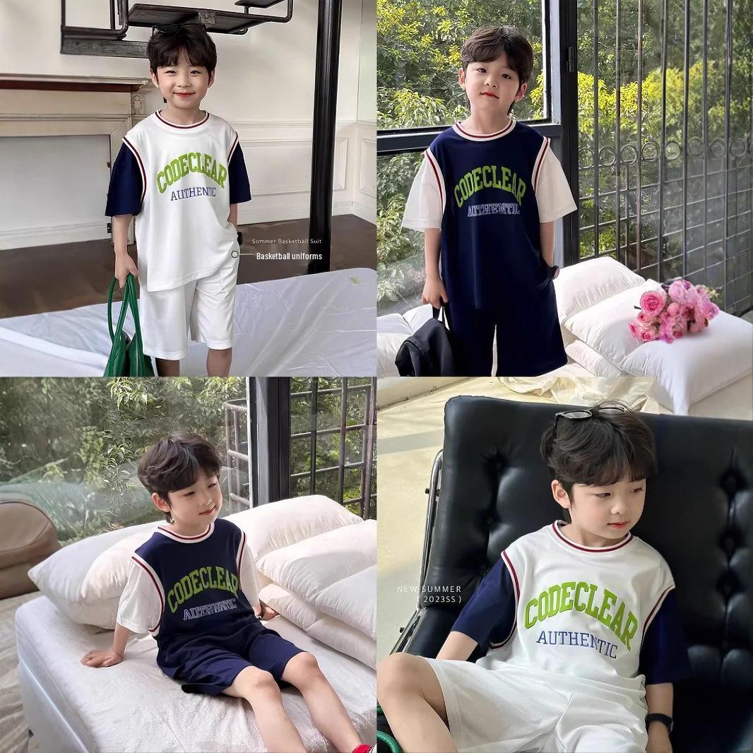 

2025 Boys Quick-Dry Summer Basketball Set - Short-Sleeve, Fake Two-Piece Design 80cm