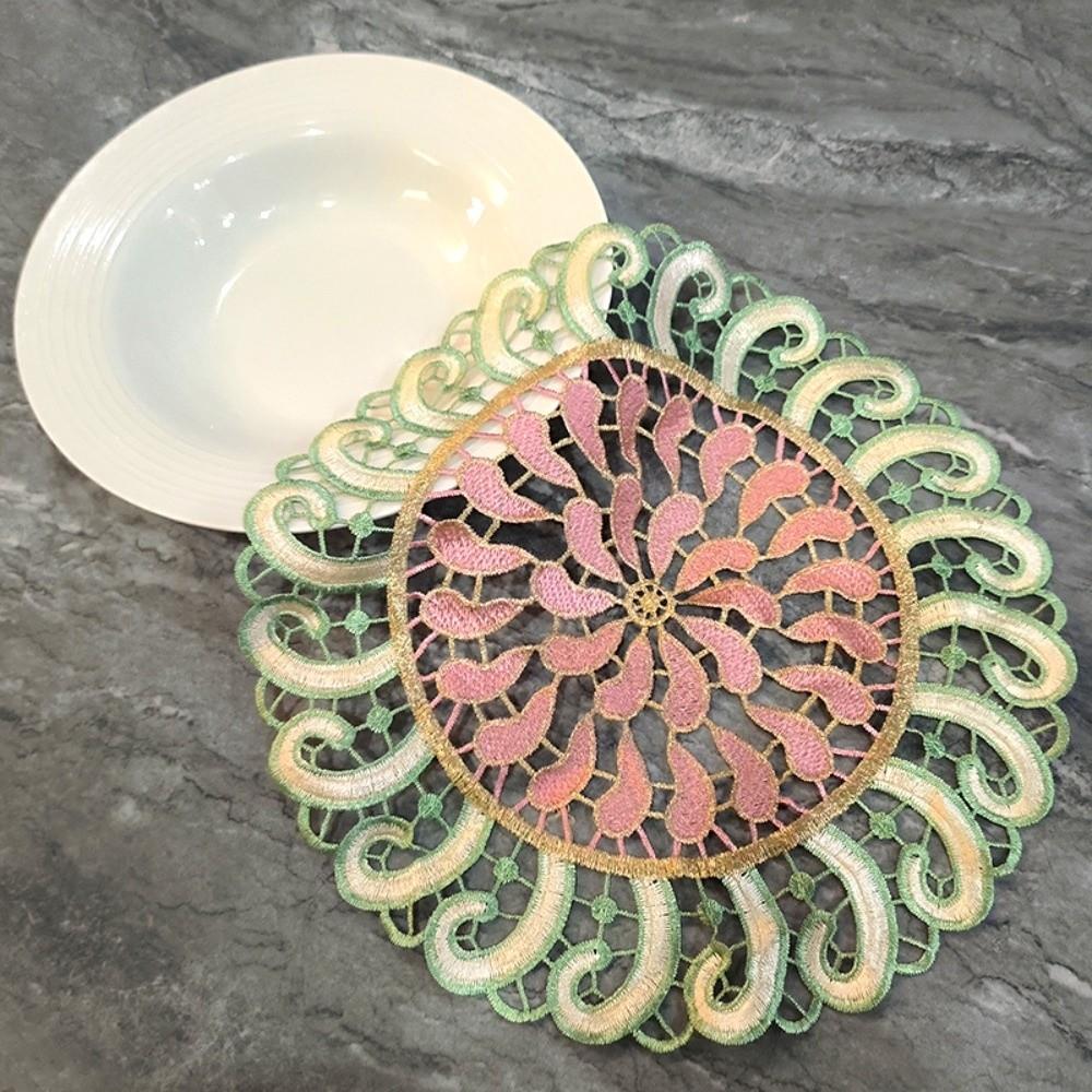 Vintage Embroidery Lace Doily Placemat Mandala Colorful Lace Coaster Table Cloth Round Hollow Table Cup Mat for Kitchen Table