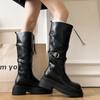 Winter Vintage Platform Thick Sole Woman Knight High Boots Concise Belt Buckle Front zipper Shoes Ladies Slim Modern Long Botas