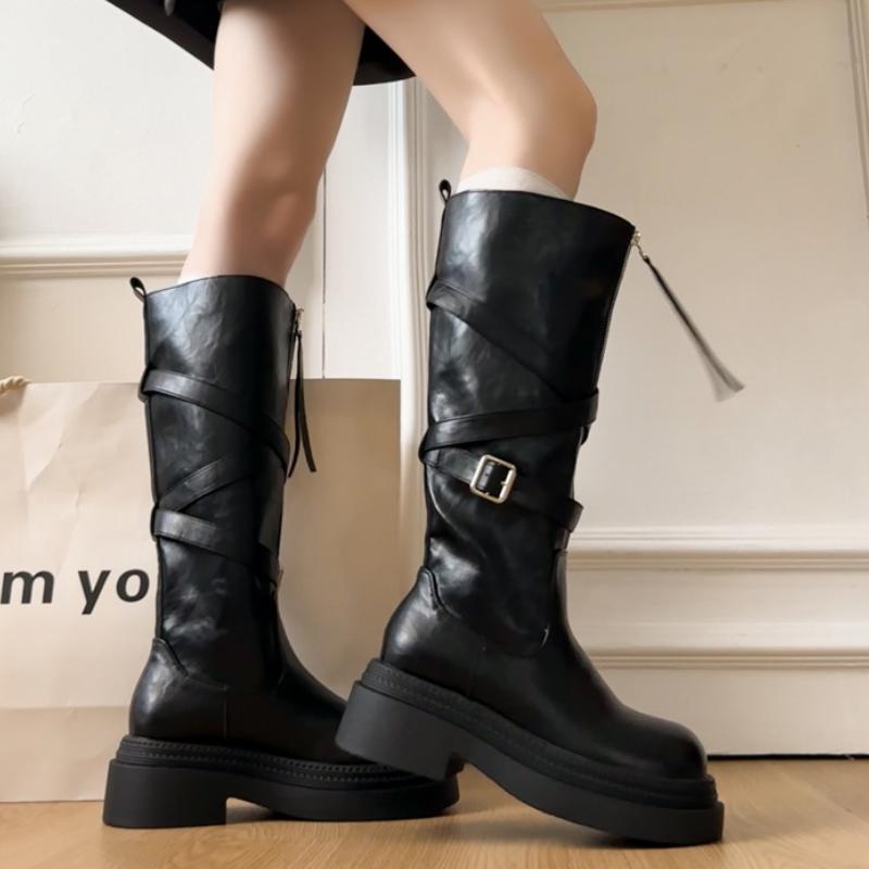Winter Vintage Platform Thick Sole Woman Knight High Boots Concise Belt Buckle Front zipper Shoes Ladies Slim Modern Long Botas