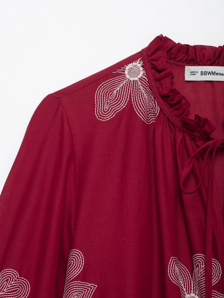 TAO P&ZA Women's Floral Embroidery Lace Trim Tie-Neck Shirt - Summer Style 3564066