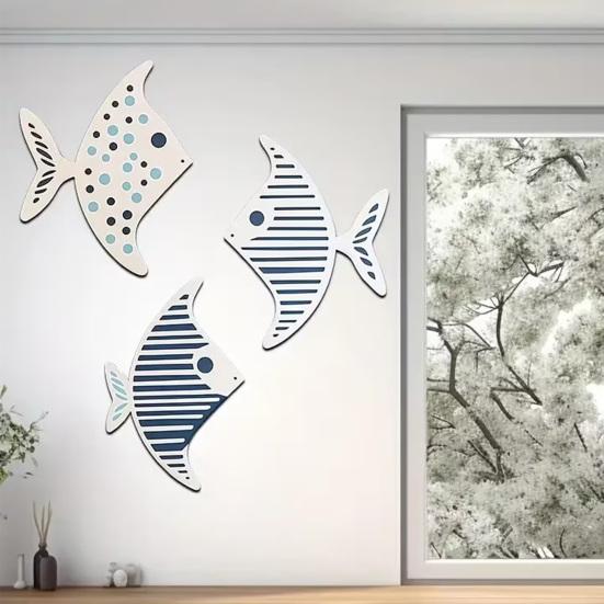 3 Pcs Wood Fish Nautical Wall Decor Rustic Farmhouse Ocean Fish Wall Art Vintage Beach Coastal Theme Wall Sculpture for Living Room Bathroom Decor