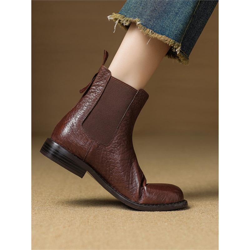 Kurzstiefel Damen Frühling und Herbst Einzelstiefel weiche Sohle runde Spitze niedriger Absatz flache Stiefel dicker Absatz mittlerer Absatz Gummizug Samt Chelsea Boots