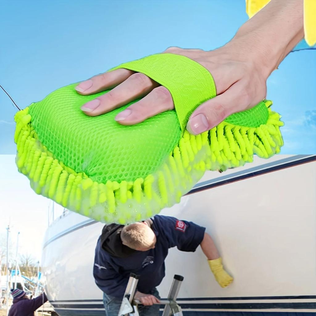 1pc Boat/Car Wash Mitt & Microfiber Drying Towel Set Chenille Scratch-Free Mitt Ultra Absorbent Waffle Towel for Car Detailing