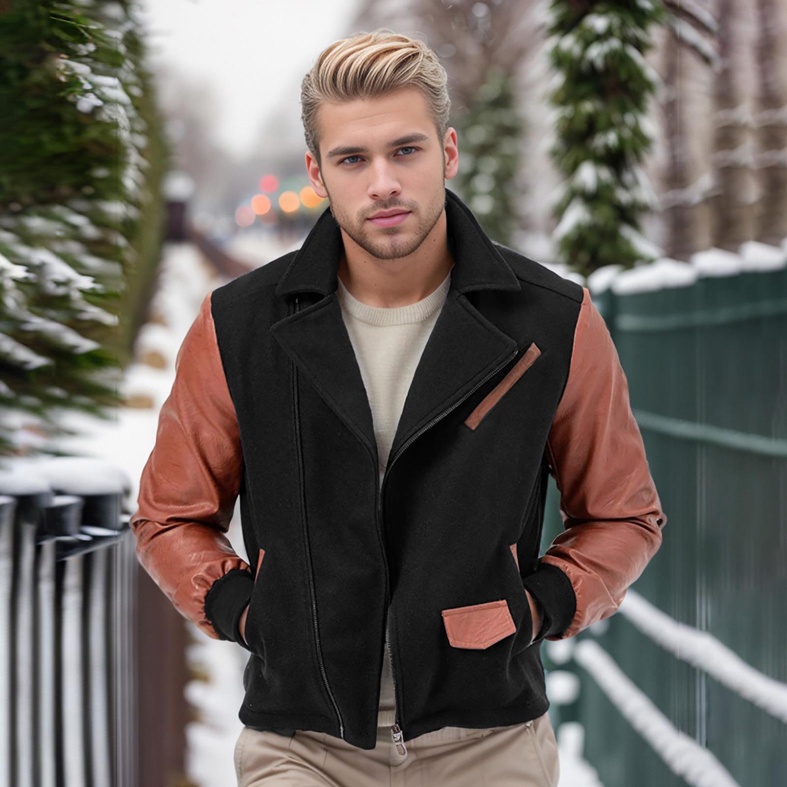 

Men s Patchwork Woolen Jacket Lapel Colorblock Coat Casual Slim Fit Zipper Long Sleeve Jacket L