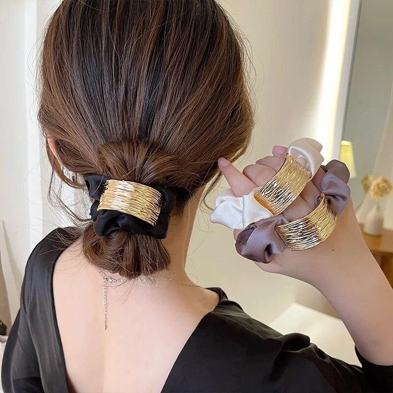 1/2pcs Korean Metal Satin Large Intestine Ring Women Rubber Bands Hair Ties Hair Rope Girls Ponytail Holder Headdress Hair Accessories