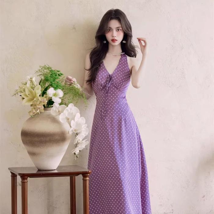 

French temperament purple v-neck polka dot neck dress seaside vacation beautiful unique beautiful waist a word long dress XL