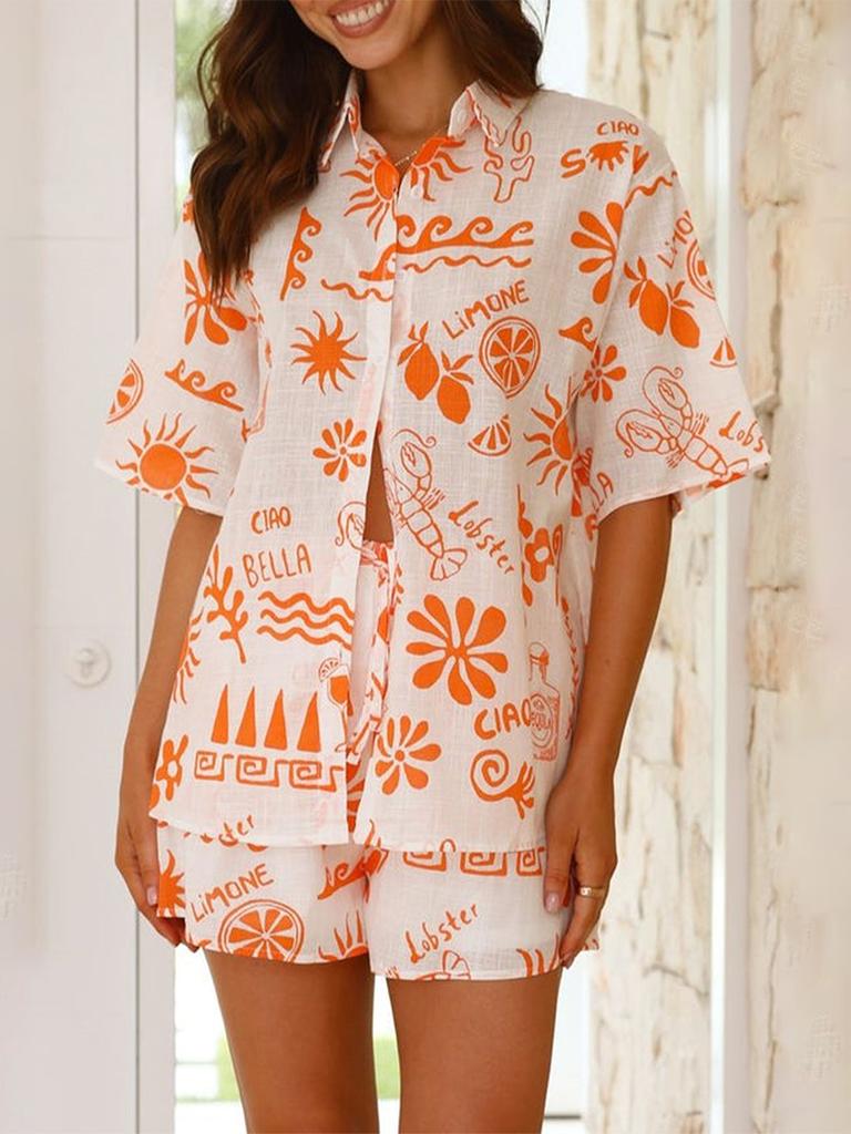 Casual Loose Women's Lapel Neck Short Sleeve Button Down Shirt Elastic Waist Shorts 2 Piece Summer Holiday Set