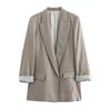 Faux Linen Roll-Up Sleeve Color Block Suit Jacket Autumn Women Fashionable Office Loose Blazer Coat Female Chic Outerwear
