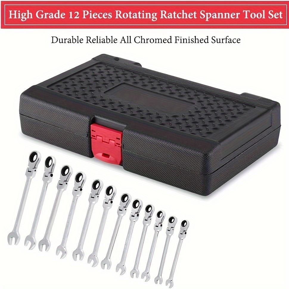 12pcs Elbow Ratchet Wrench Set, CR-V Steel, Metric 8-19mm, Quick-Release, Mechanical Operation, with Portable Toolbox for Versatile Tightening