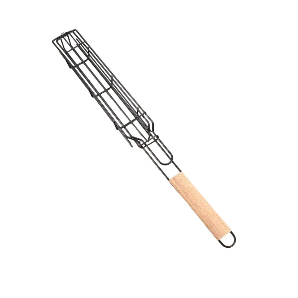 Outdoor Wooden Handle Barbecue Cage, Camping Meat and Vegetable Barbecue Rack, Picnic Barbecue Sausage Clip
