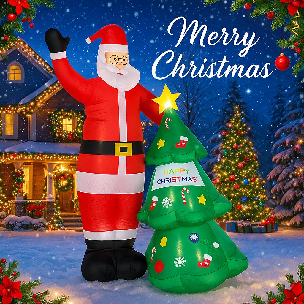 8.2FT Holiday Lighting LED Inflatable Xmas Santa Christmas Tree Set Toy Yard Party Decoration Home Ornament Holiday Supplies
