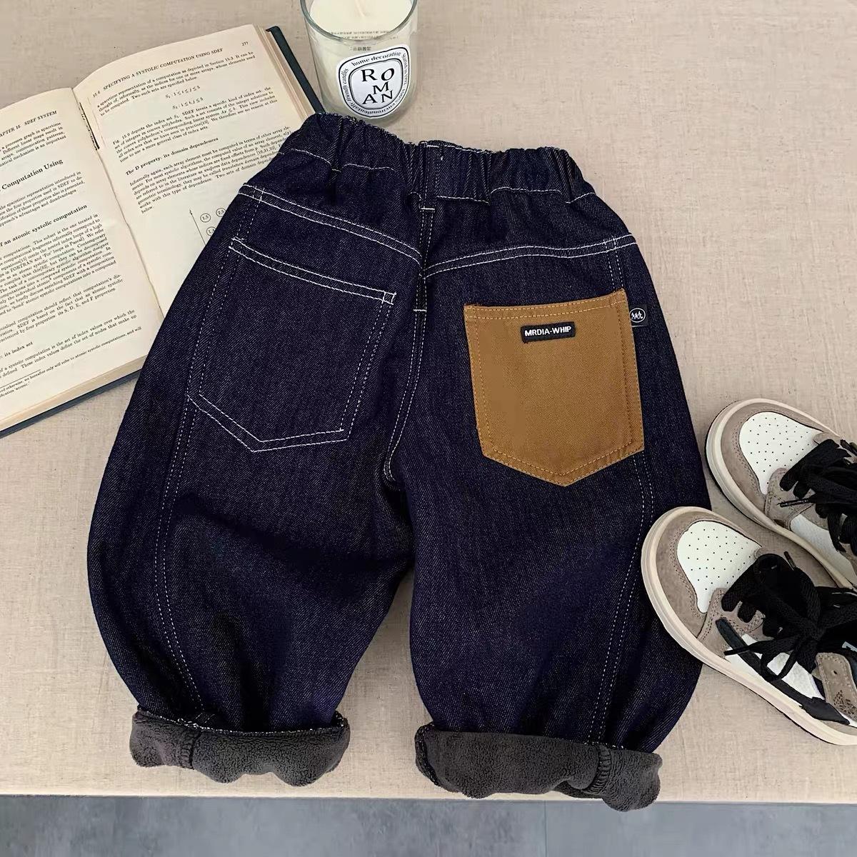 Boys Fleece Lined Denim Pants Winter Warm Straight Leg Casual Trousers for Toddlers 80