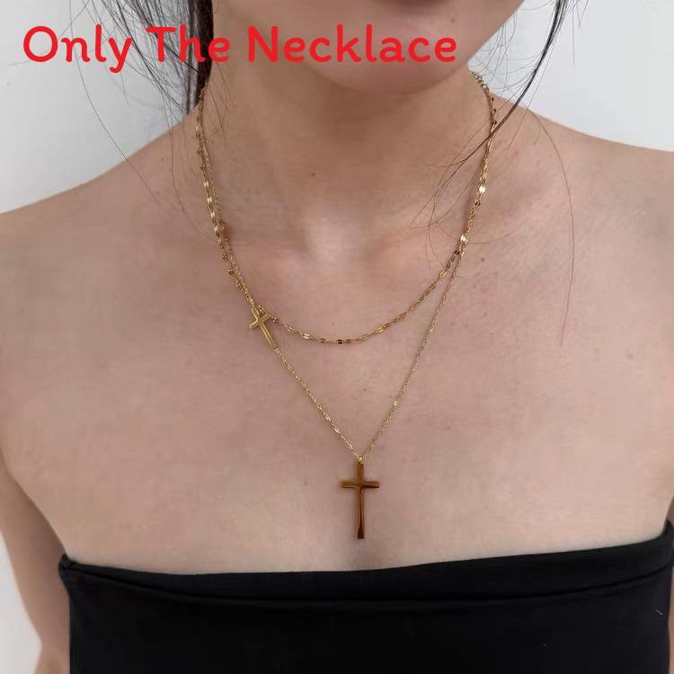 Minimalist Double Layer Titanium Steel Cross Pendant Chain With Gold Finish For Daily Fashion