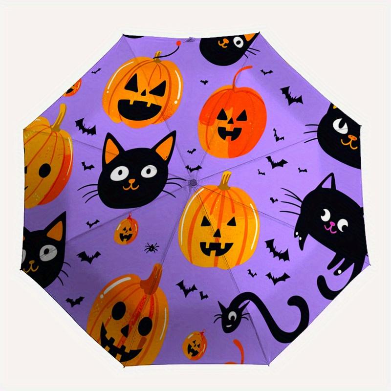 Halloween, Black Cat Theme Automatic Open/Close Fashion Umbrella Creative Design Umbrella, Portable 3 Fold Compact Umbrella for Men & Wome
