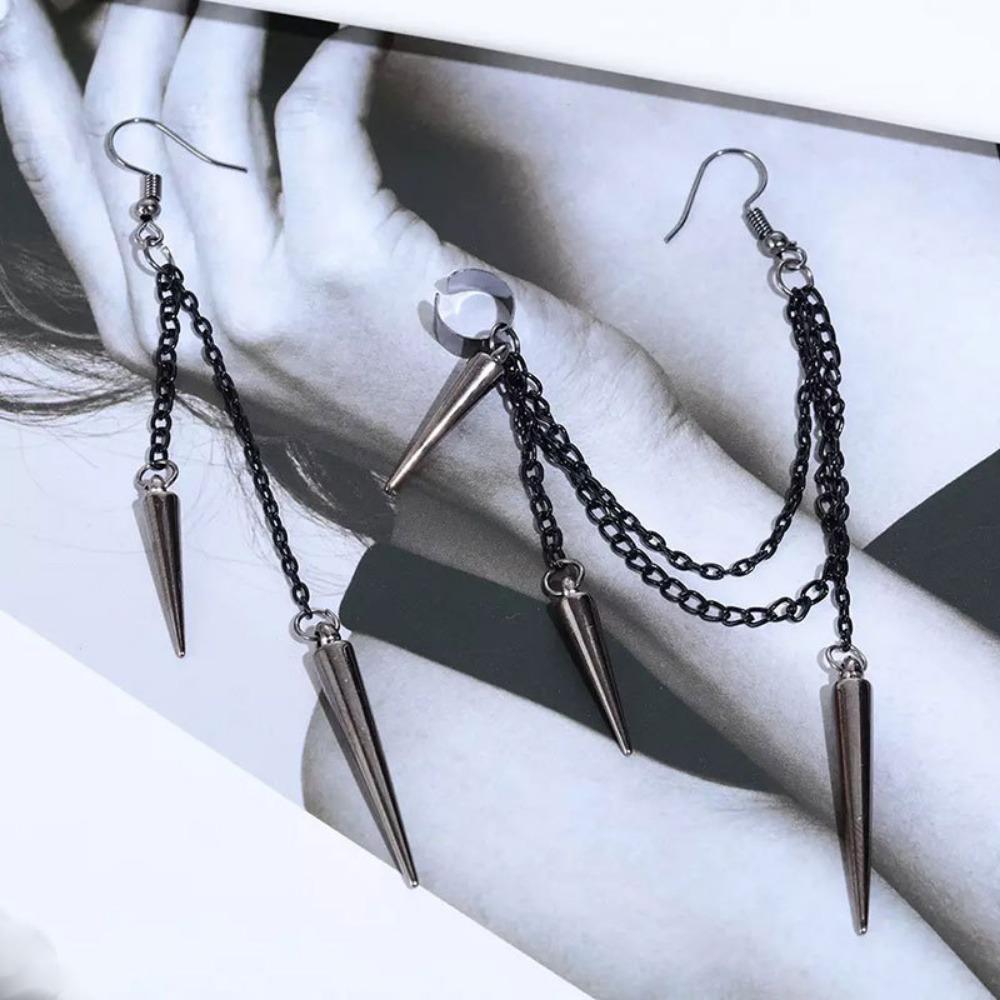 New Fashion Creative Trend Men's Retro Black Tassel Long Chain Punk Earrings Hip Hop Rivets Earrings Female Gothic Party Jewelry