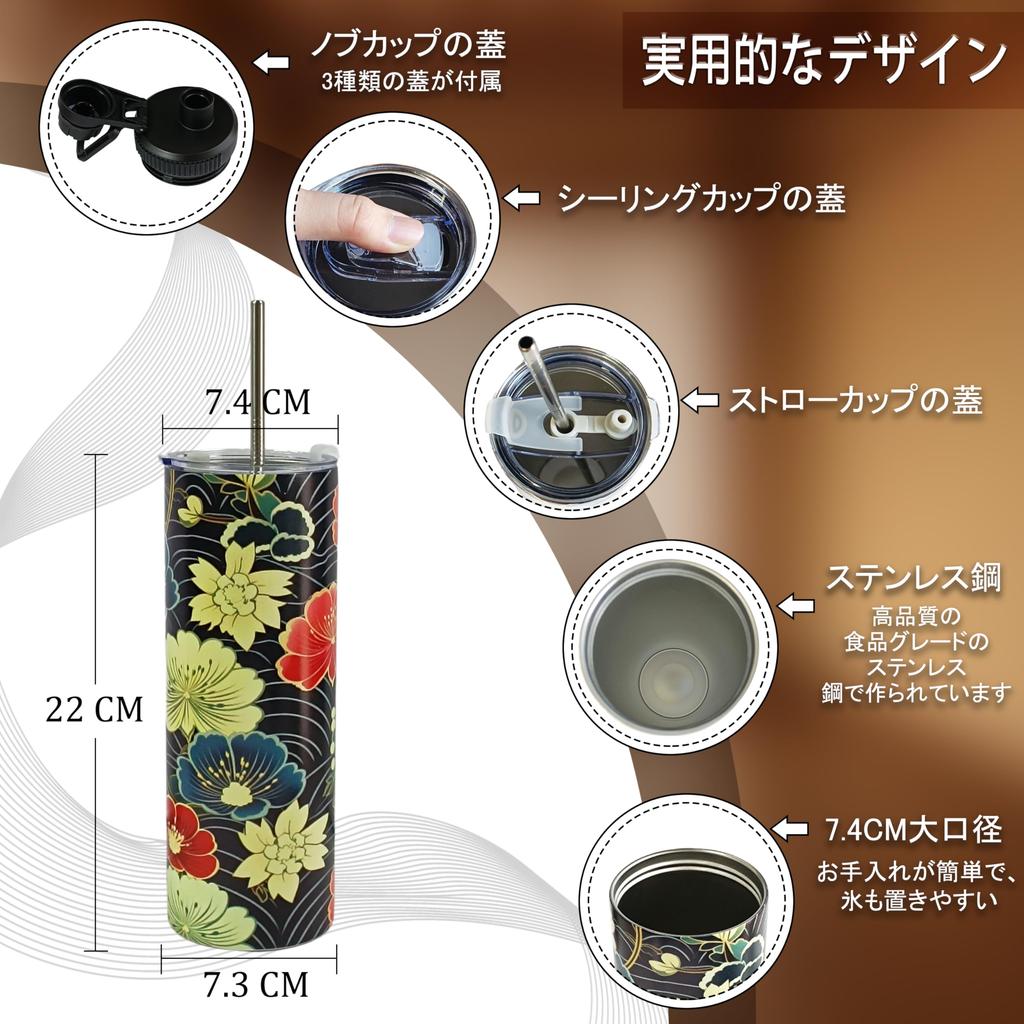 600ml Insulated Tumbler with 3 Leak-Proof Lids & Straws, Traditional Japanese Design, Vacuum Insulated, Keeps Drinks Hot or Cold, Perfect for Gifts,