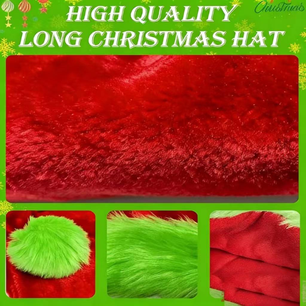 Red Plush Adult Christmas Hat with Green Trim, Long Plush Holiday Party Hat for Christmas Decor